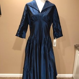 🆕 Teri Jon Blue Fit and Flare Dress 100% Silk Dress, Size 14